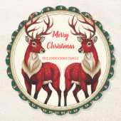 Elegant Red Deer Moose Gold Snow merry Xmas Patter ペーパーコースター (正面)