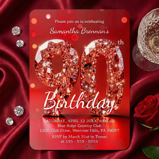 Elegant Red Diamond Gemstone Glamour 90th Party 招待状