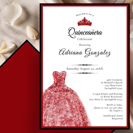 Elegant red dress 15th birthday Quinceanera 招待状