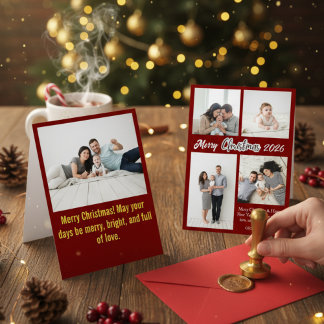 Elegant Red Family Photo Collage Christmas Holiday シーズンカード