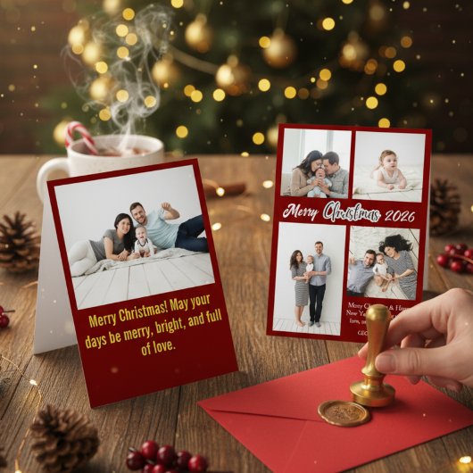 Elegant Red Family Photo Collage Christmas Holiday シーズンカード