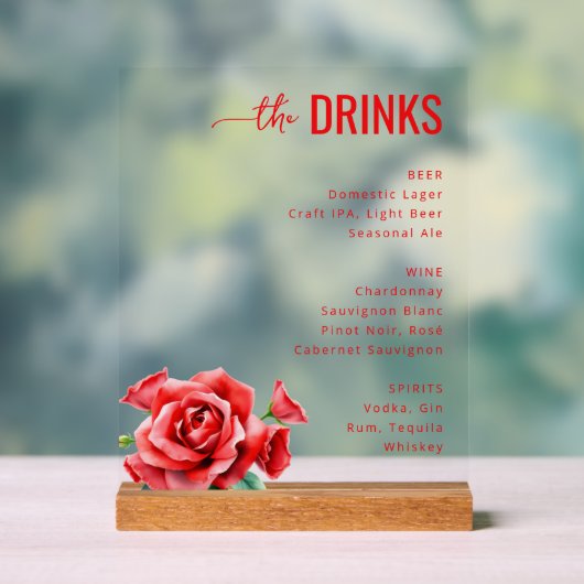 Elegant Red Floral Beverage Menu アクリルサイン (ニュートラル)