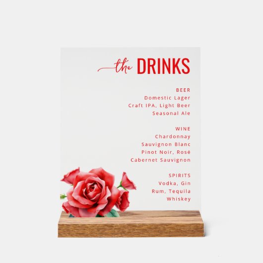 Elegant Red Floral Beverage Menu アクリルサイン (正面)