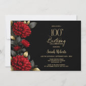 Elegant Red Floral Black 100th Birthday Party 招待状 (正面)