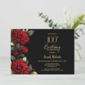 Elegant Red Floral Black 100th Birthday Party 招待状 (スタンド正面)