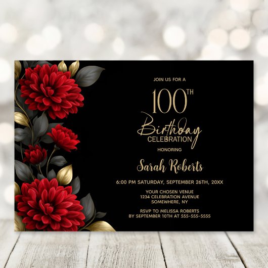 Elegant Red Floral Black 100th Birthday Party 招待状