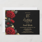 Elegant Red Floral Black 18th Birthday Party 招待状 (正面)