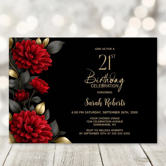 Elegant Red Floral Black 21st Birthday Party 招待状