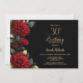 Elegant Red Floral Black 30th Birthday Party 招待状 (正面)