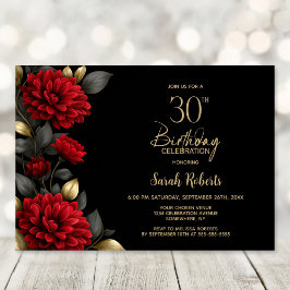 Elegant Red Floral Black 30th Birthday Party 招待状