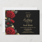 Elegant Red Floral Black 40th Birthday Party 招待状 (正面)