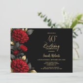 Elegant Red Floral Black 40th Birthday Party 招待状 (スタンド正面)