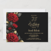 Elegant Red Floral Black 70th Birthday Party 招待状 (正面)