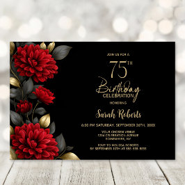 Elegant Red Floral Black 75th Birthday Party 招待状