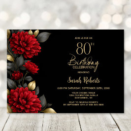 Elegant Red Floral Black 80th Birthday Party 招待状