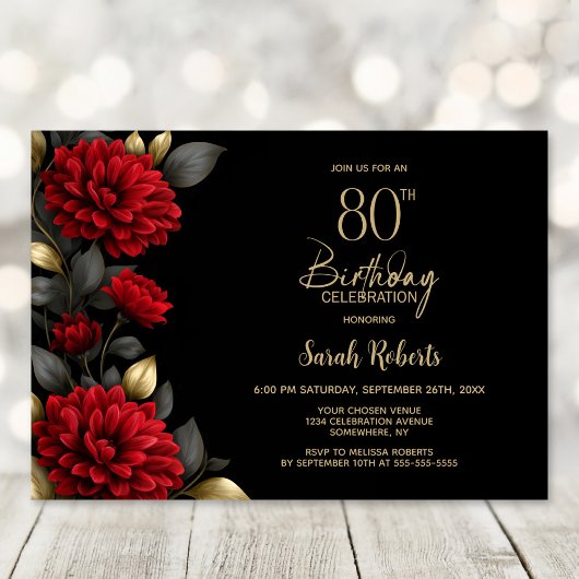 Elegant Red Floral Black 80th Birthday Party 招待状