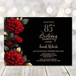 Elegant Red Floral Black 85th Birthday Party 招待状