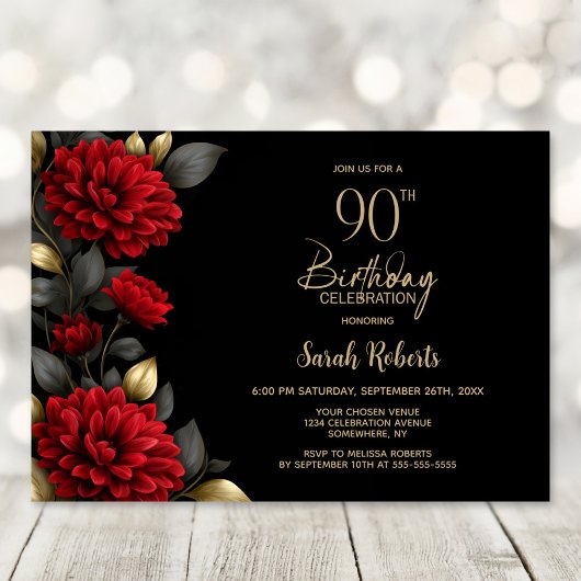 Elegant Red Floral Black 90th Birthday Party 招待状