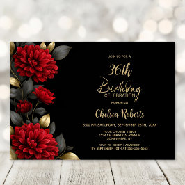 Elegant Red Floral Black Birthday Party 招待状