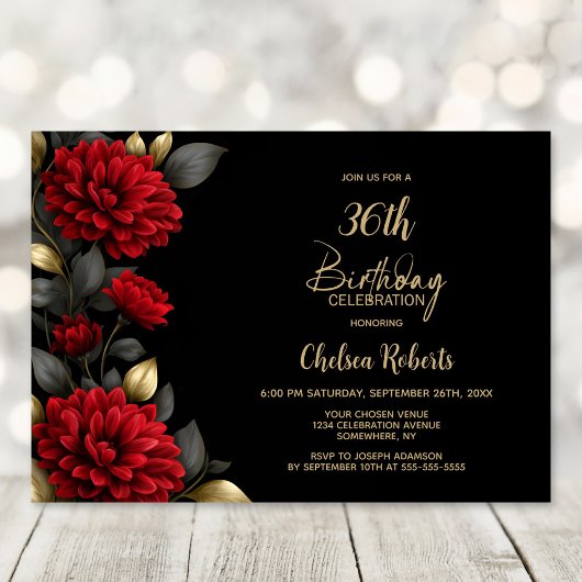 Elegant Red Floral Black Birthday Party 招待状
