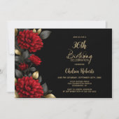 Elegant Red Floral Black Birthday Party 招待状 (正面)