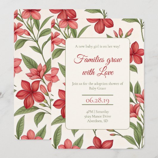 Elegant Red Floral Botanical Adoption Shower 招待状 (正面/裏面)