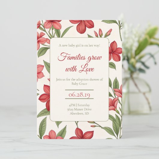 Elegant Red Floral Botanical Adoption Shower 招待状 (スタンド正面)