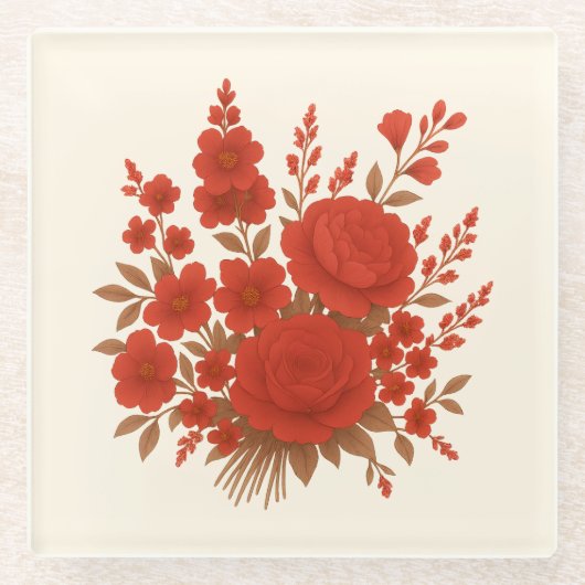 Elegant Red Floral Bouquet with Roses Romantic ガラスコースター (正面)