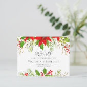 Elegant Red Floral Christmas Wedding RSVP ポストカード (スタンド正面)
