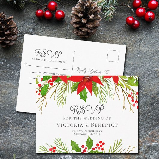 Elegant Red Floral Christmas Wedding RSVP ポストカード