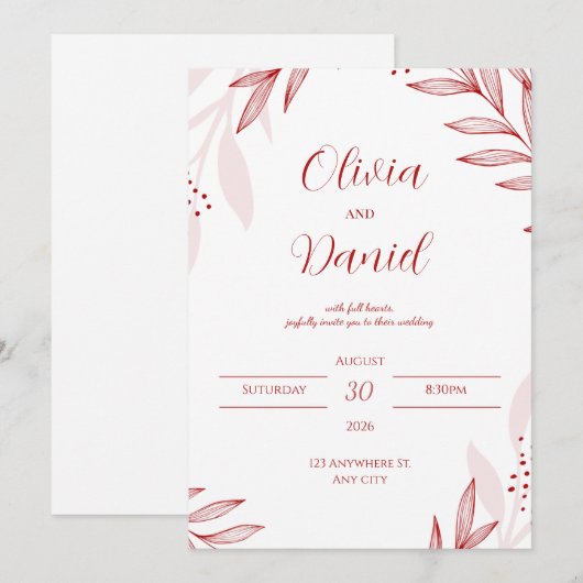 Elegant Red Floral Wedding Invitation 招待状 (正面/裏面)