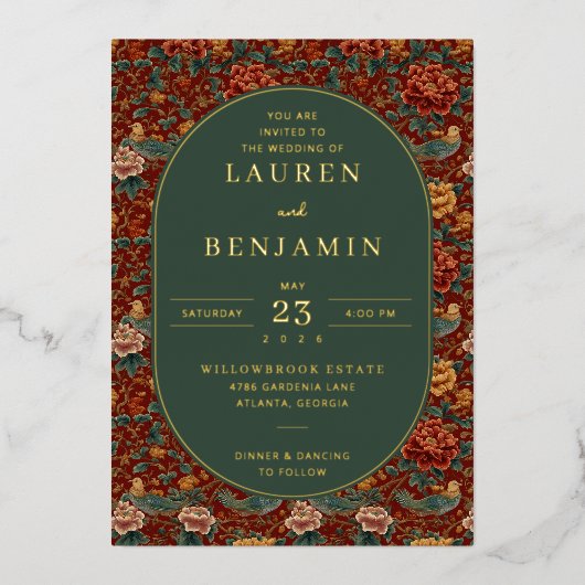 Elegant Red Floral Wedding Invitation 箔招待状 (正面)