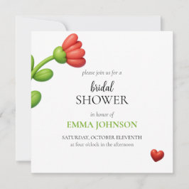 Elegant Red Flower & Heart Bridal Shower 招待状