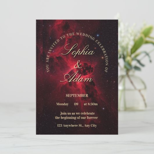 Elegant Red Galaxy Wedding Invitation 招待状 (スタンド正面)