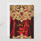 Elegant Red Gems Gold Lace Damask Birthday Party 招待状 (正面)