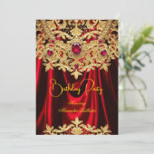 Elegant Red Gems Gold Lace Damask Birthday Party 招待状 (スタンド正面)