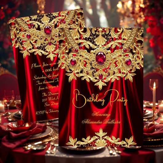 Elegant Red Gems Gold Lace Damask Birthday Party 招待状