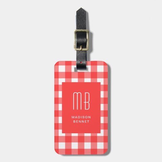 Elegant Red Gingham Monogram ラゲッジタグ (正面縦)