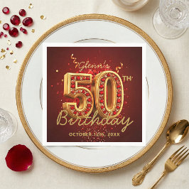 Elegant Red Gold 50th Birthday Party Glam スタンダードカクテルナプキン