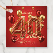 Elegant Red Gold Balloons 40th Birthday Thank You フェイバータグ (正面)