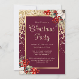 Elegant Red Gold Botanical Christmas Party 招待状