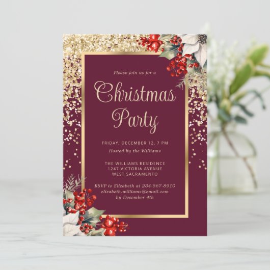Elegant Red Gold Botanical Christmas Party 招待状 (スタンド正面)