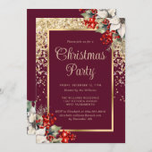 Elegant Red Gold Botanical Christmas Party 招待状 (正面/裏面)