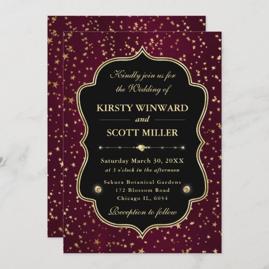 Elegant Red & Gold Celestial Starry Wedding 招待状 (正面/裏面)
