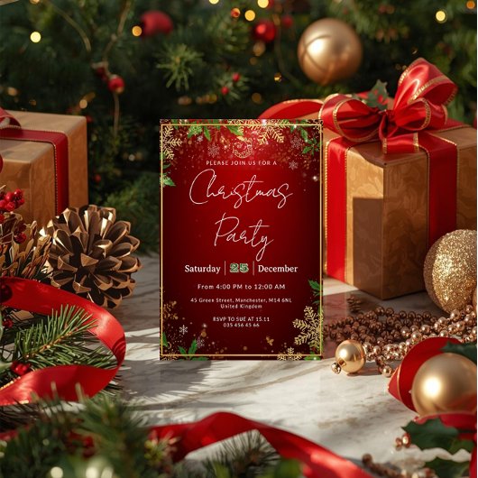 Elegant, Red & Gold, Christmas Party Invitation 招待状