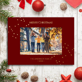 Elegant Red & Gold Confetti Merry Christmas Photo 箔シーズンカード