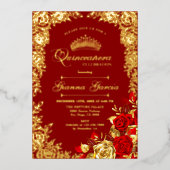 Elegant Red Gold Floral Quinceanera Party  箔招待状 (正面)