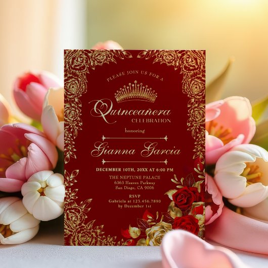 Elegant Red Gold Floral Quinceanera Party  箔招待状
