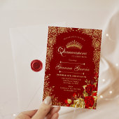 Elegant Red Gold Floral Quinceanera Party  箔招待状