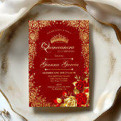 Elegant Red Gold Floral Quinceanera Party  箔招待状